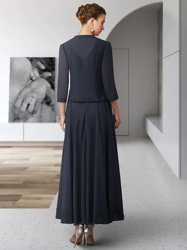 Wholesale Two Piece A-Line Mother of the Bride Dress Elegant V Neck Ankle Length Chiffon Lace Sleeveless with Sash Ribbon Pleats
